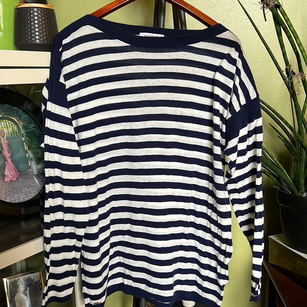 Womens Lacoste Blue & White striped Boat neck lightweight sweater